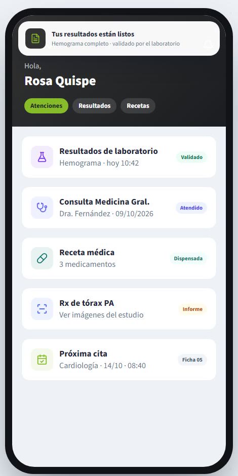 Aplicación móvil del paciente con resultados de laboratorio, consultas, receta y próxima cita